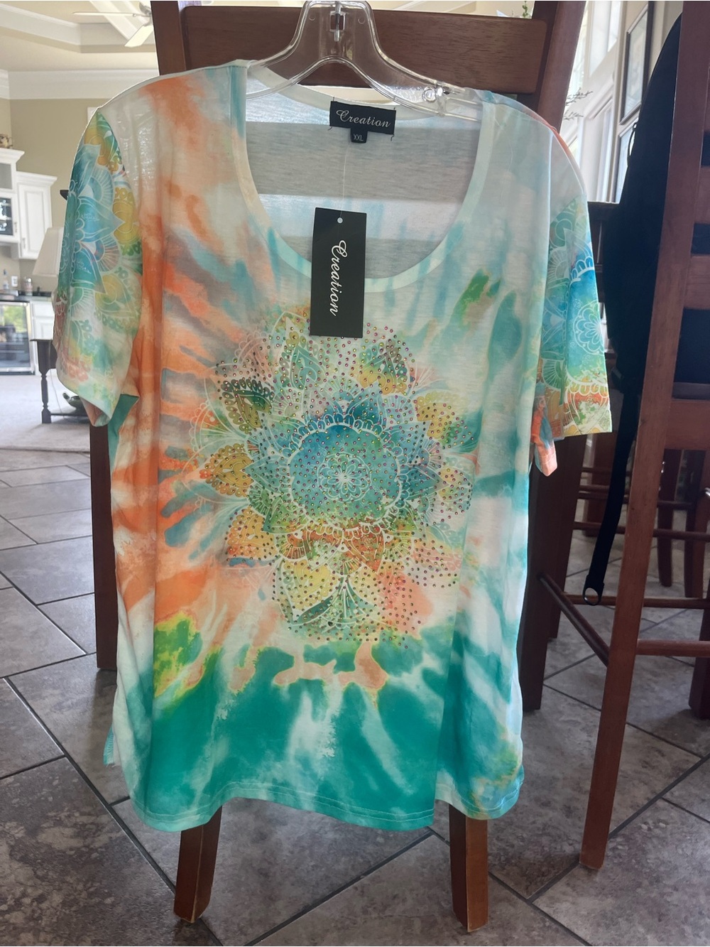 Women's Teal & Coral Tie-Dye Short Sleeve Top w/ Floral Medallion XXL Brand New!